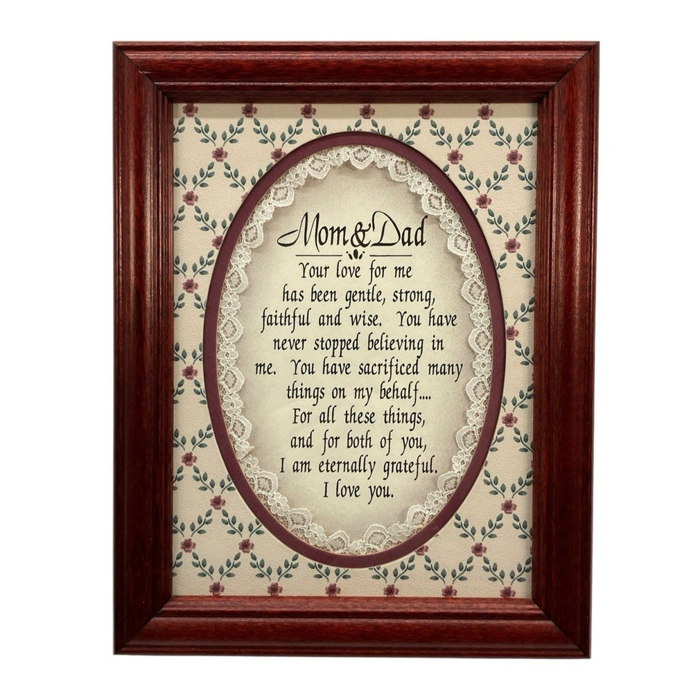 Vtg Mom & Dad Calligraphy Poem Print Wooden Frame Cottagecore Gift Country Prim